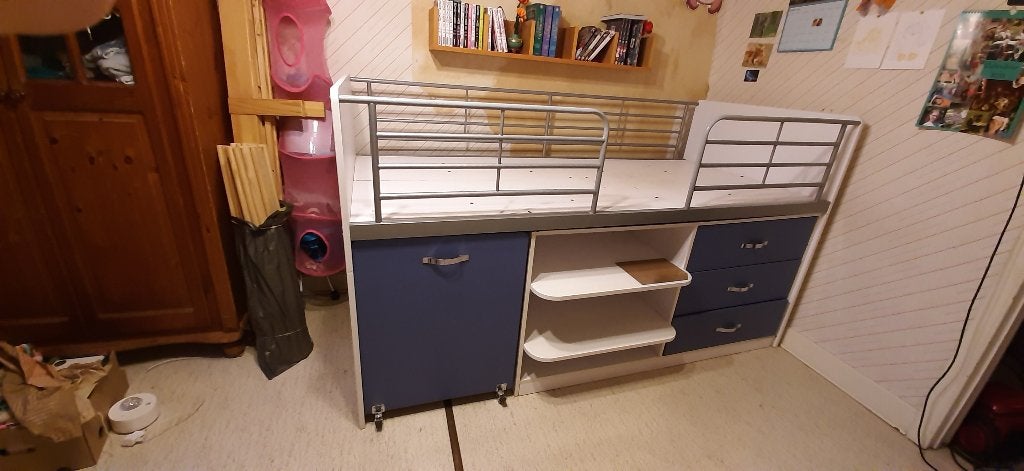 Lit mi-hauteur avec bureau et tiroirs, Kinderen en Baby's, Kinderkamer | Stapelbedden en Hoogslapers, Ophalen, Gebruikt, Halfhoogslaper