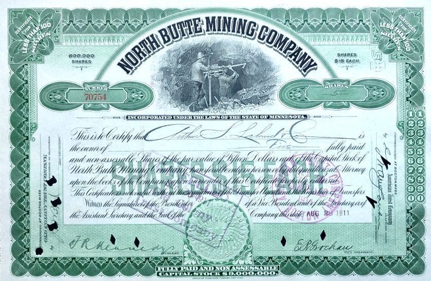 North Butte Mining Company 1911, Postzegels en Munten, Ophalen of Verzenden, Voor 1920, Certificaat van aandeel