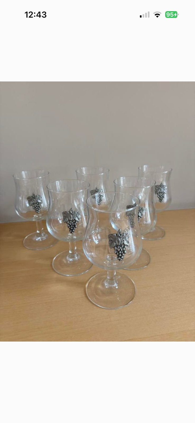 6 wijnglazen met tinnen druiven tros op glas, Ophalen of Verzenden