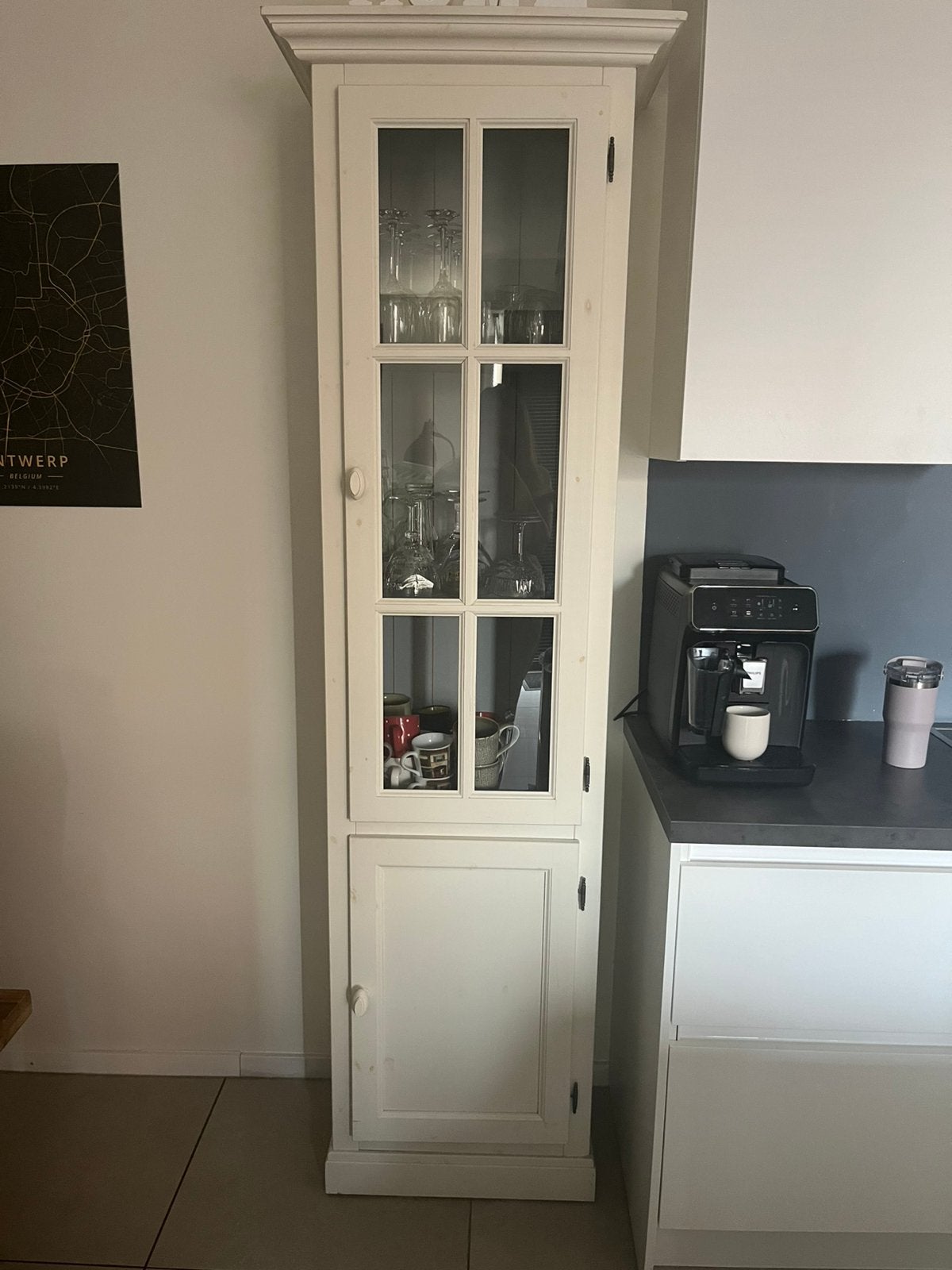 Smalle Witte Vitrinekast Servieskast, Ophalen, 200 cm of meer, 50 tot 100 cm, Huiselijk