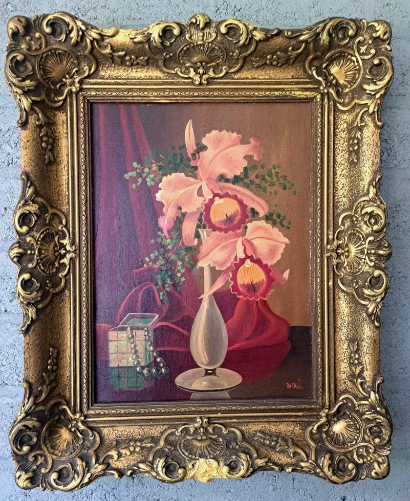 Stilleven met roze orchideeën in sierlijke lijst, Antiquités & Art, Art | Peinture | Classique, Enlèvement ou Envoi, Cadre spécial