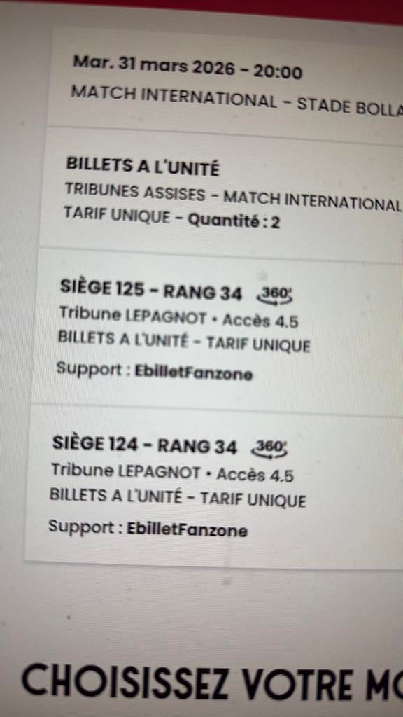 2 billets match Maroc-Paraguay catégorie 2 place cote a cote, Tickets & Billets