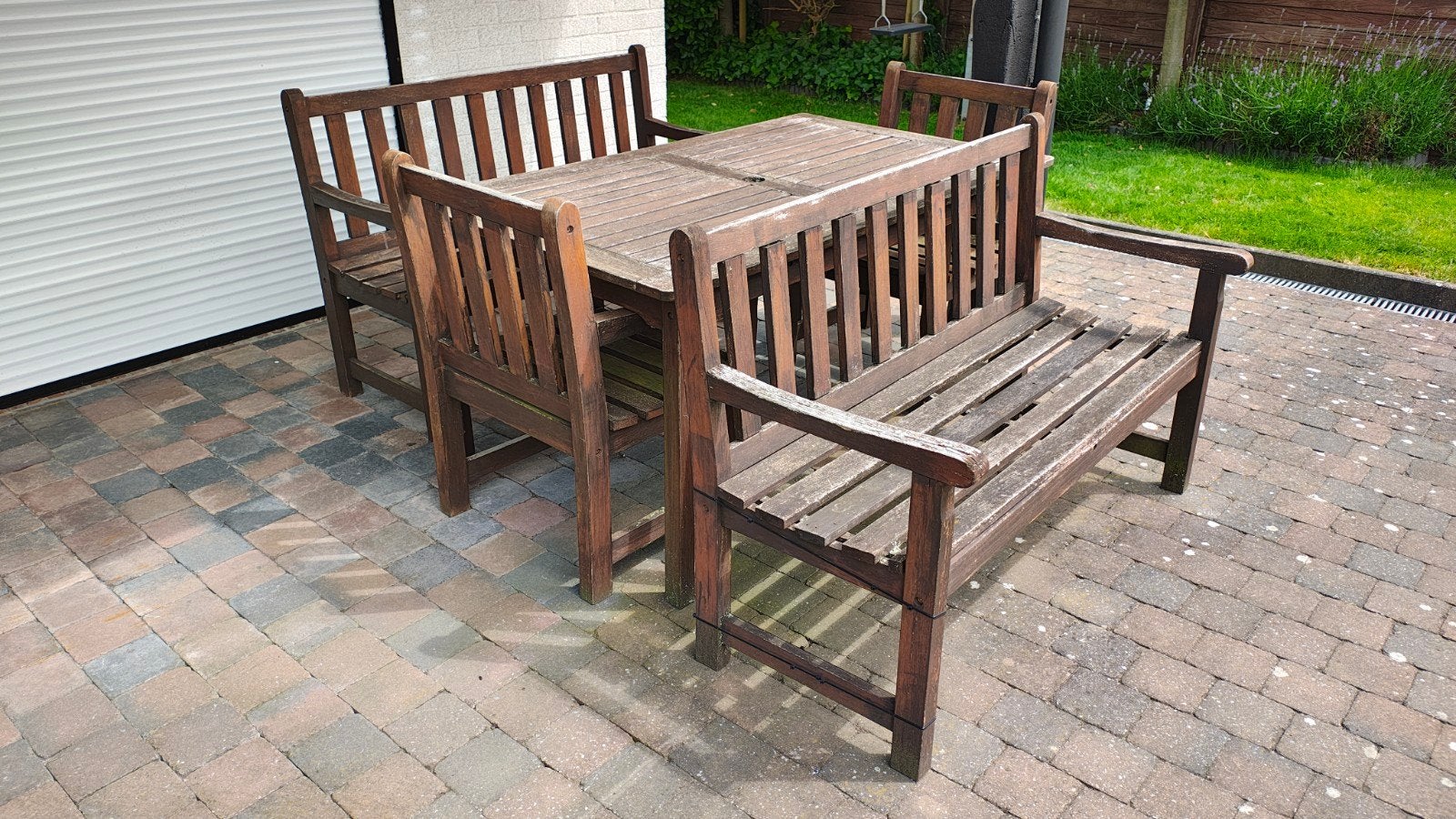 Teak tafel + 2 stoelen + 2 banken, Tuin en Terras, Ophalen, Teakhout, Bank