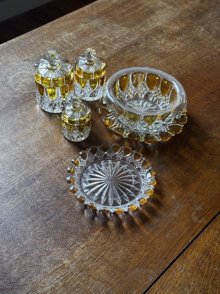 Val Saint Lambert Valambert 3 dekselpotjes + schalen, amber, Antiek en Kunst, Ophalen