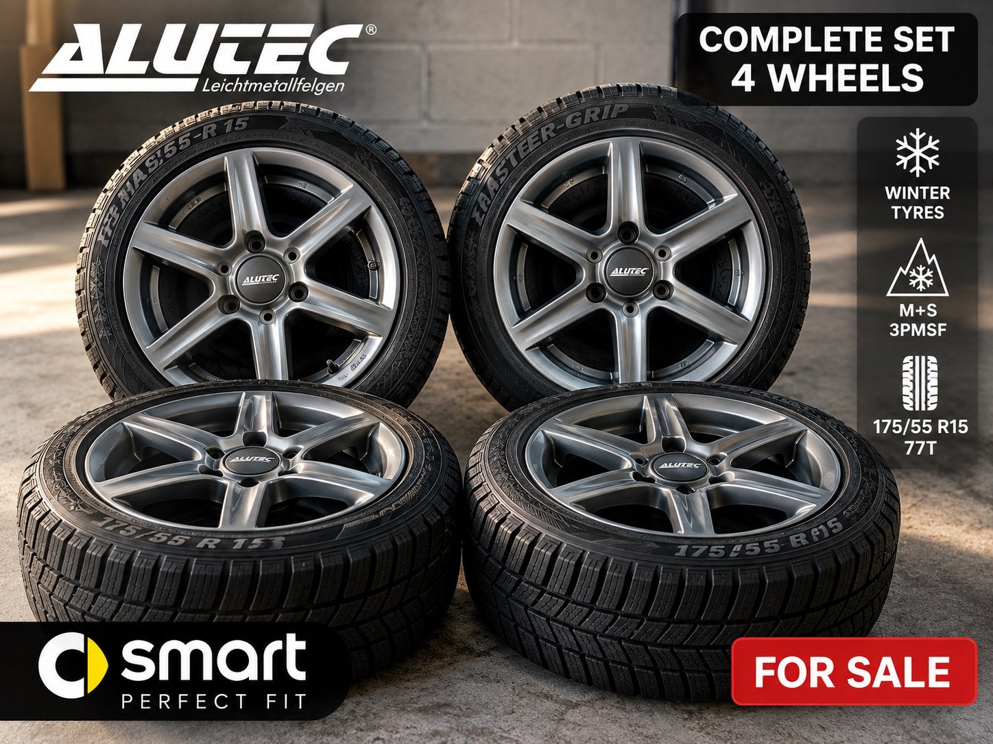 4 jantes ALUTEC 15 » + pneus d'hiver pour Smart — 175/55 R15, Autos : Pièces & Accessoires, Pneus & Jantes, 15 pouces, Pneus hiver