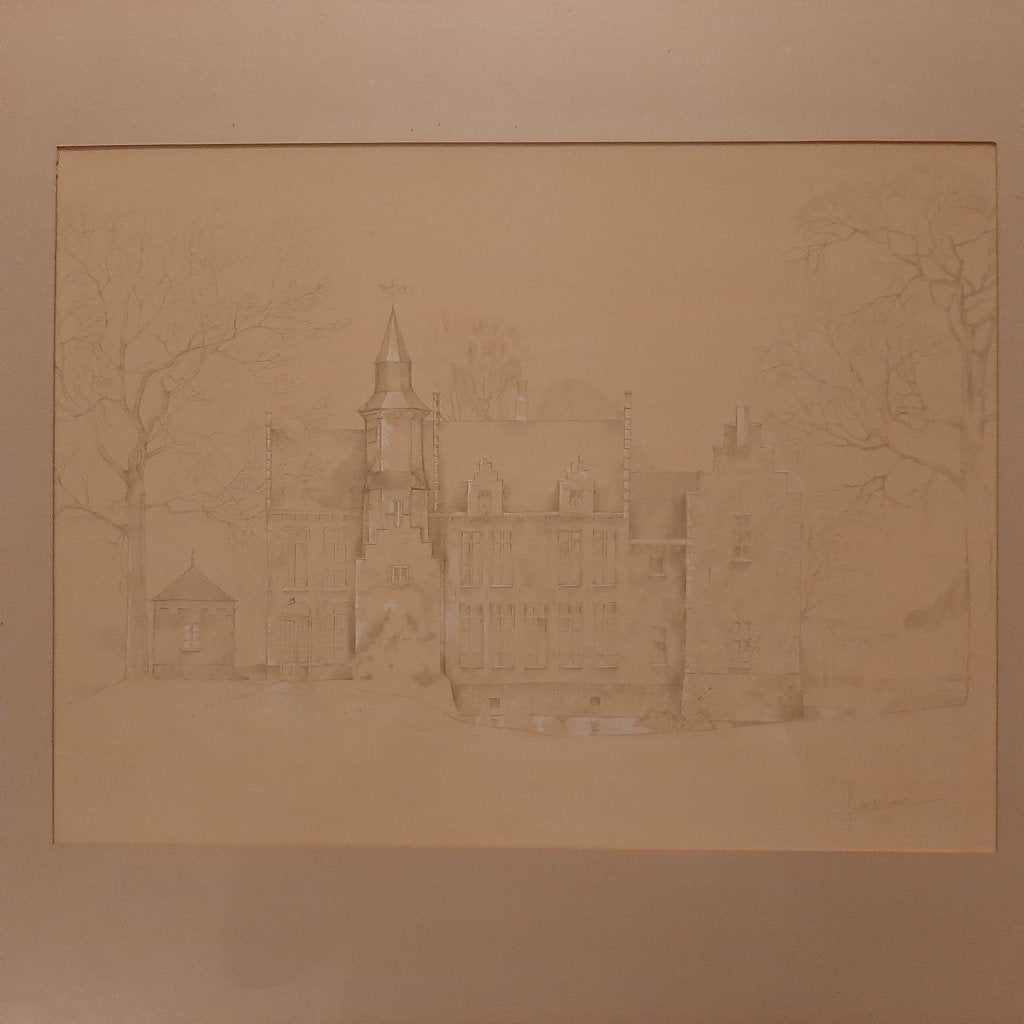 Gravure ingekaderd Kasteel van Walburg - St-Niklaas 34 x 26, Antiek en Kunst, Ophalen, Architectuur, Gravure, 53 cm