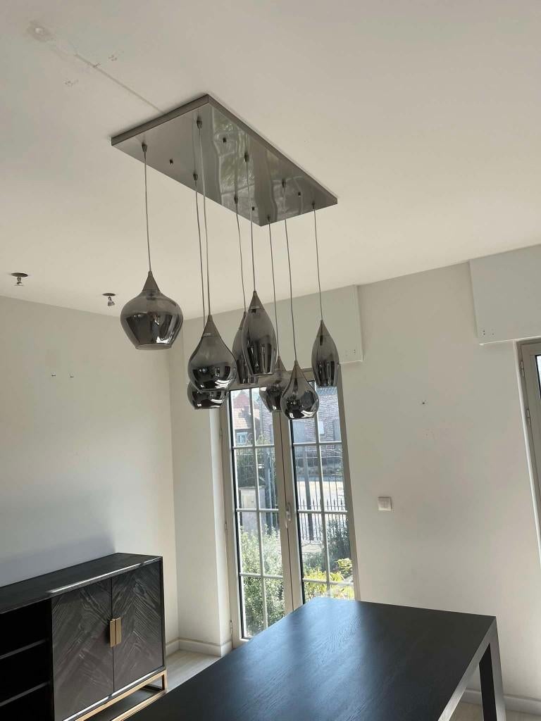 Lampe suspendue moderne/8 boules de verre fumées/fumées, Enlèvement ou Envoi, Comme neuf, Verre, 75 cm ou plus