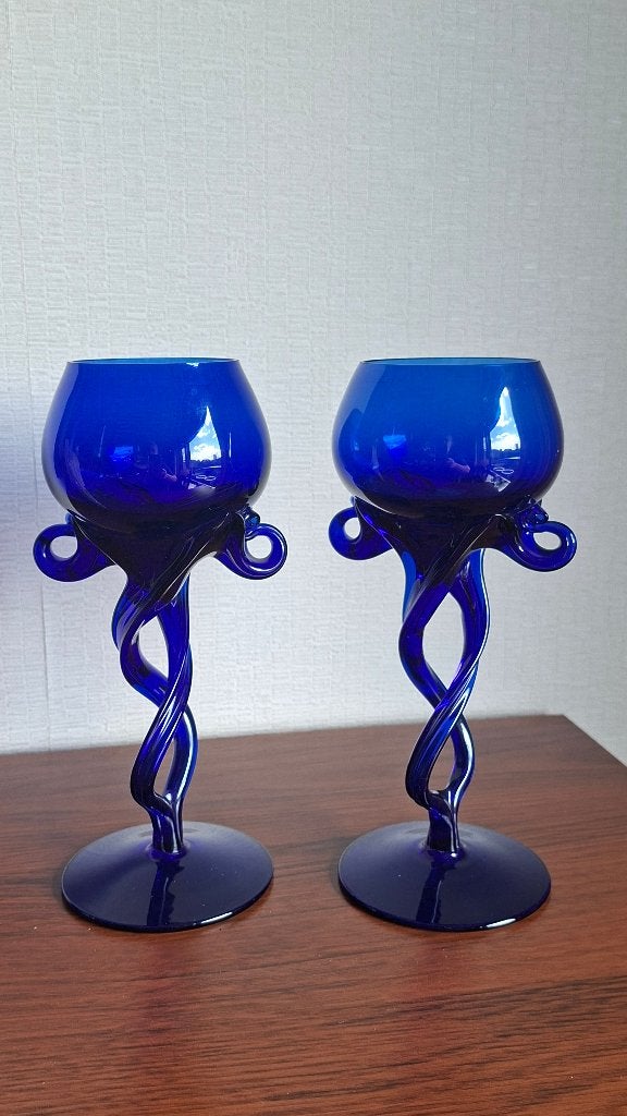 Sierlijk kobaltblauw glaswerk voor theelichtjes - vintage, Huis en Inrichting, Woonaccessoires | Kandelaars en Kaarsen, Blauw