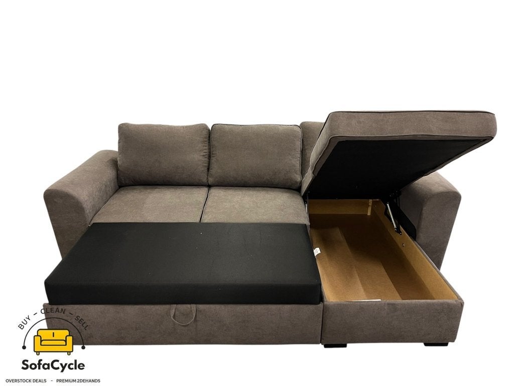 Hoekzetel bruin in stof met slaapfunctie, Nieuw, Stof, Zonnestraat 223-229, 9600 Ronse, België, Info@sofacycle.be