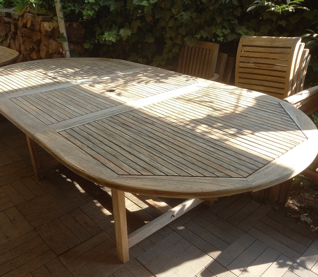 teck massif : table 180 (240) + 5 fauteuils dossier réglable, Enlèvement, Bois de teck