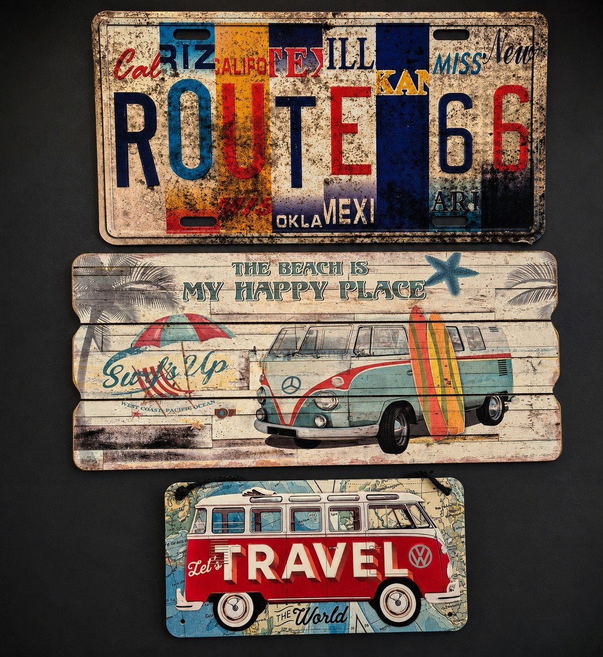 Vintage Route 66 & VW Travel wandborden – set van 3 – retro, Ophalen of Verzenden, Zo goed als nieuw, Auto's