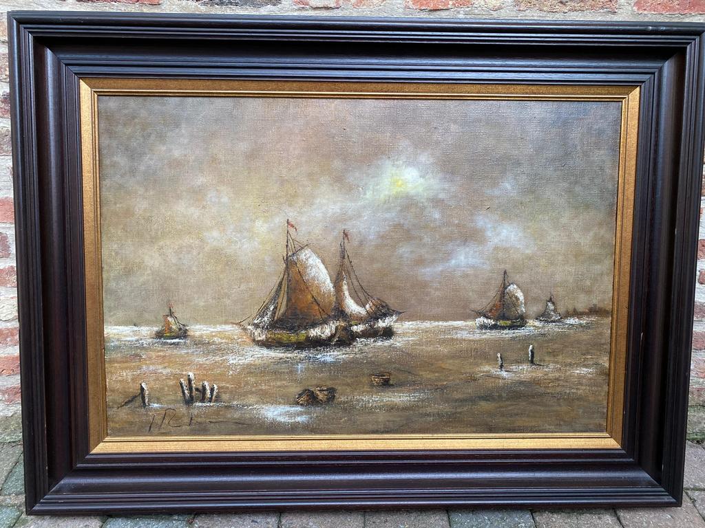 Olieverfschilderij met oude zeilboten, Antiek en Kunst, Ophalen
