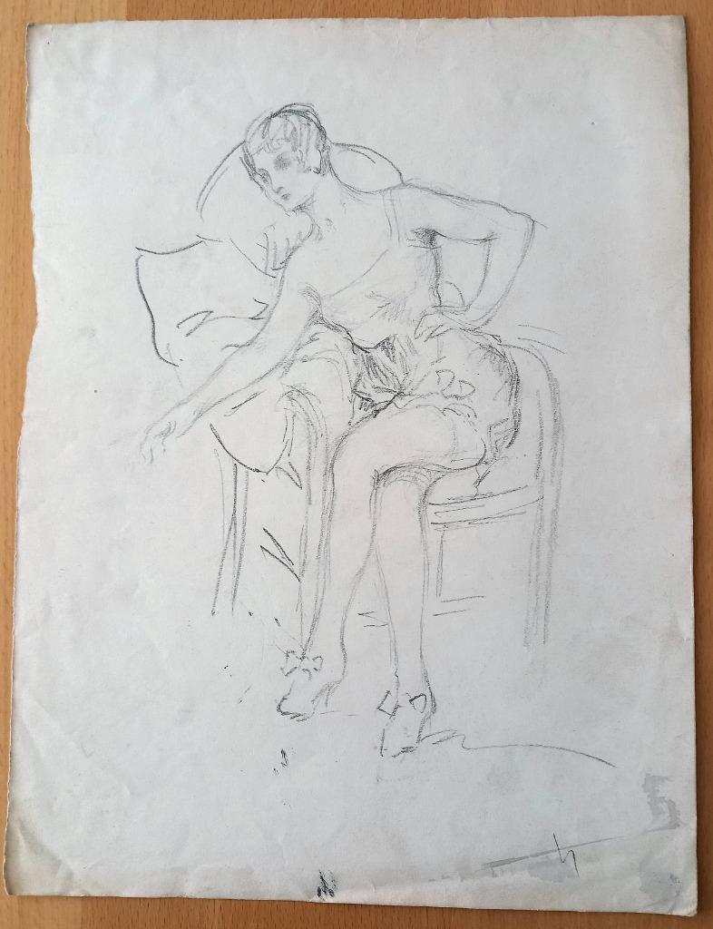 A493-27 Oude tekening Vrouw in Lingerie achterkant aquarel, Ophalen of Verzenden
