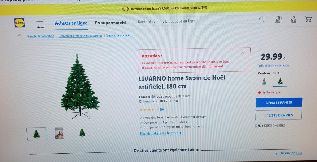 Arbre de Noël artificiel Livarno home Lidl 180cm ht x 110 cm, Ophalen, Nieuw