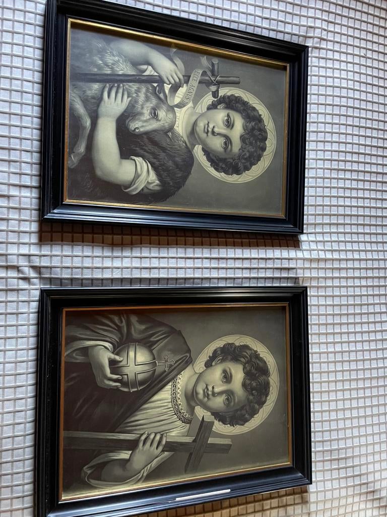 Duo v religieuze prenten in houten kaders, Antiek en Kunst, Ophalen of Verzenden