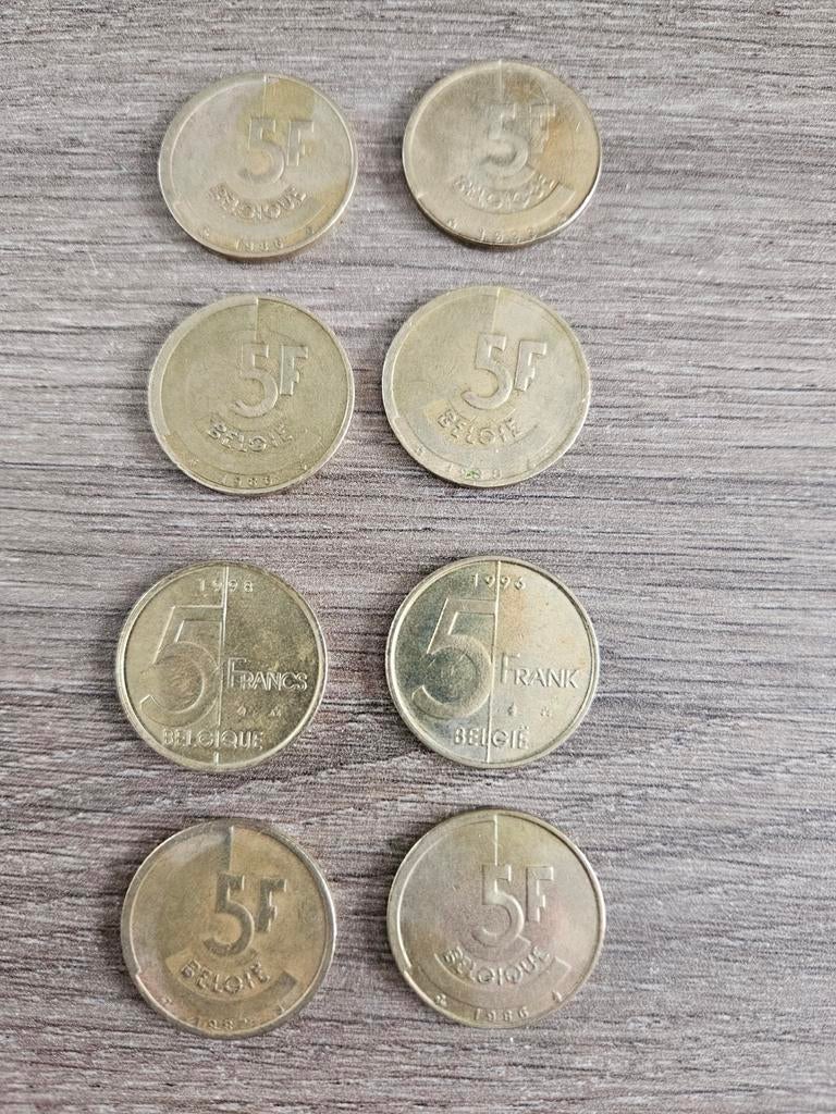 5 Belgische Frank  (8stukken), Postzegels en Munten, Ophalen
