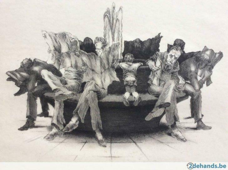 ets M. Vansintjan 'De Krantenlezers', 1981, Antiek en Kunst, Kunst | Etsen en Gravures, Ophalen