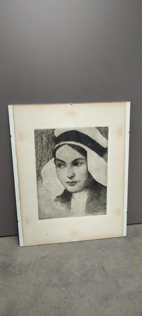 Dessin gravure Femme de pêcheur signé René De Pauw, Antiquités & Art, Enlèvement ou Envoi