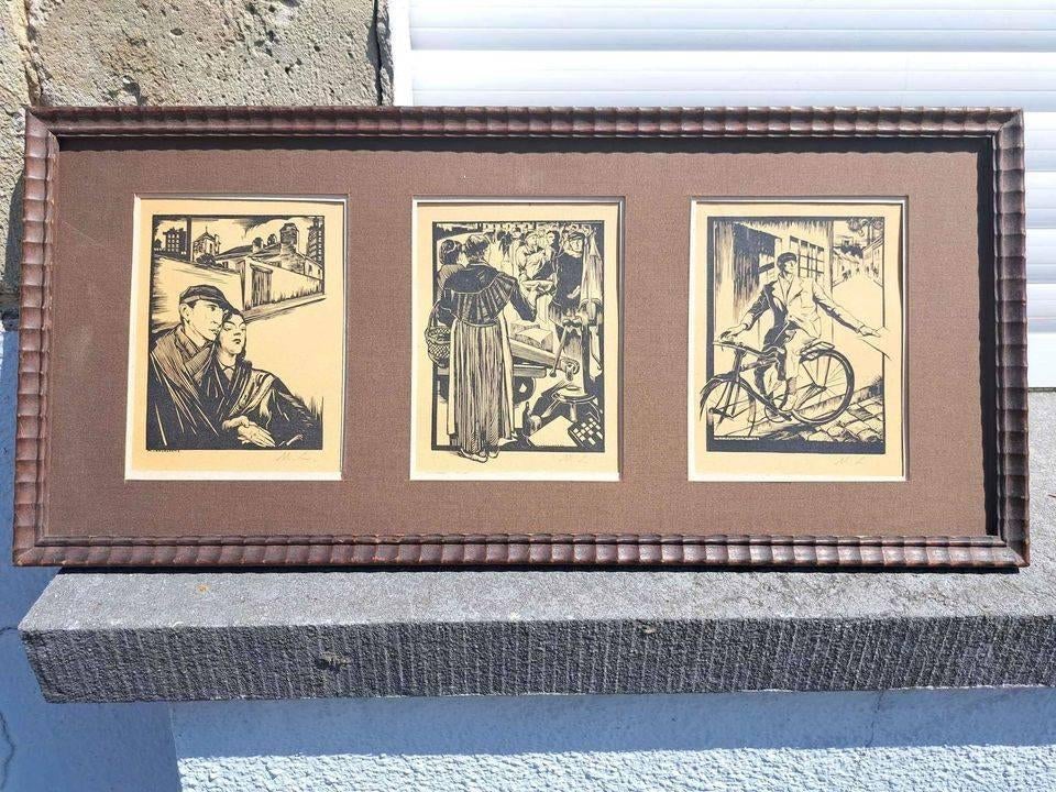3 linogravures signe Maurice langaskens, Enlèvement ou Envoi