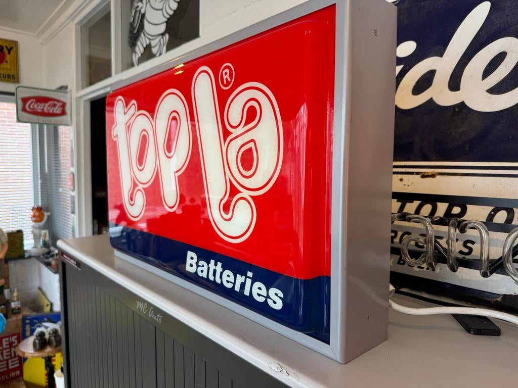 Topla accus garage reclame lichtbak, Ophalen, Gebruikt, Lichtbak of (neon) lamp