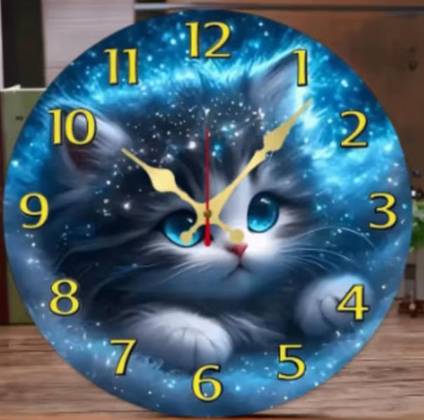 Ronde wandklok van hout Kitten in de Sterren (25cm), Ophalen of Verzenden, Nieuw, Wandklok