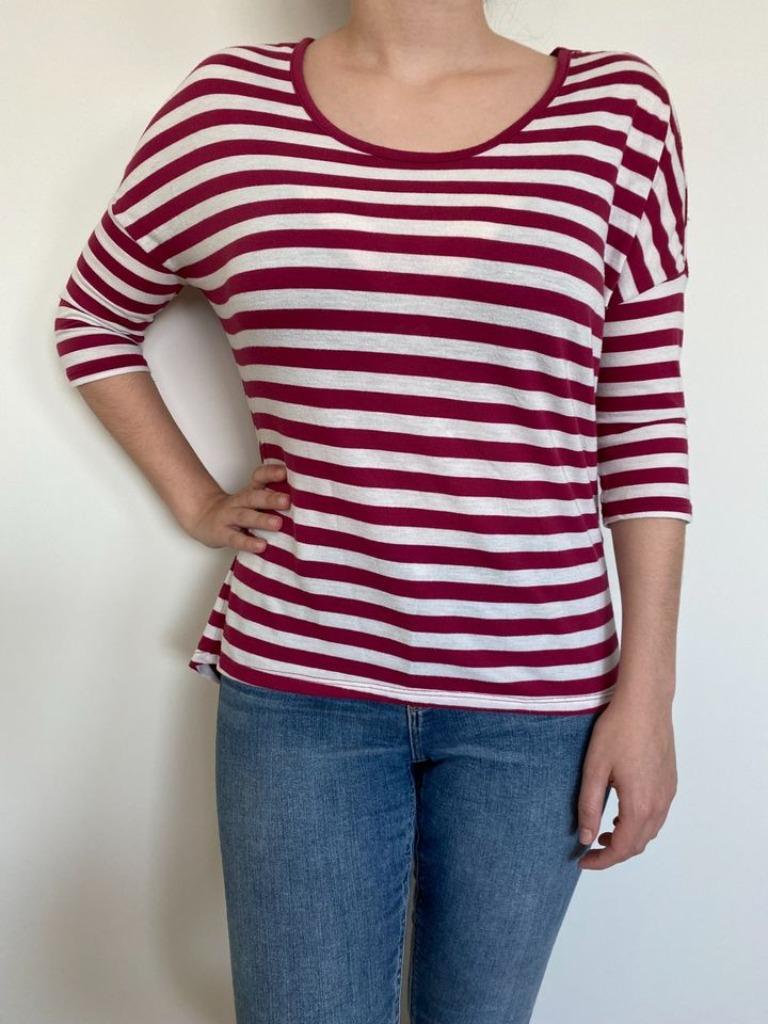 T-shirt manches 3/4 taille M à rayures blanc et rose, Pimkie, Enlèvement, Comme neuf, Taille 38/40 (M)