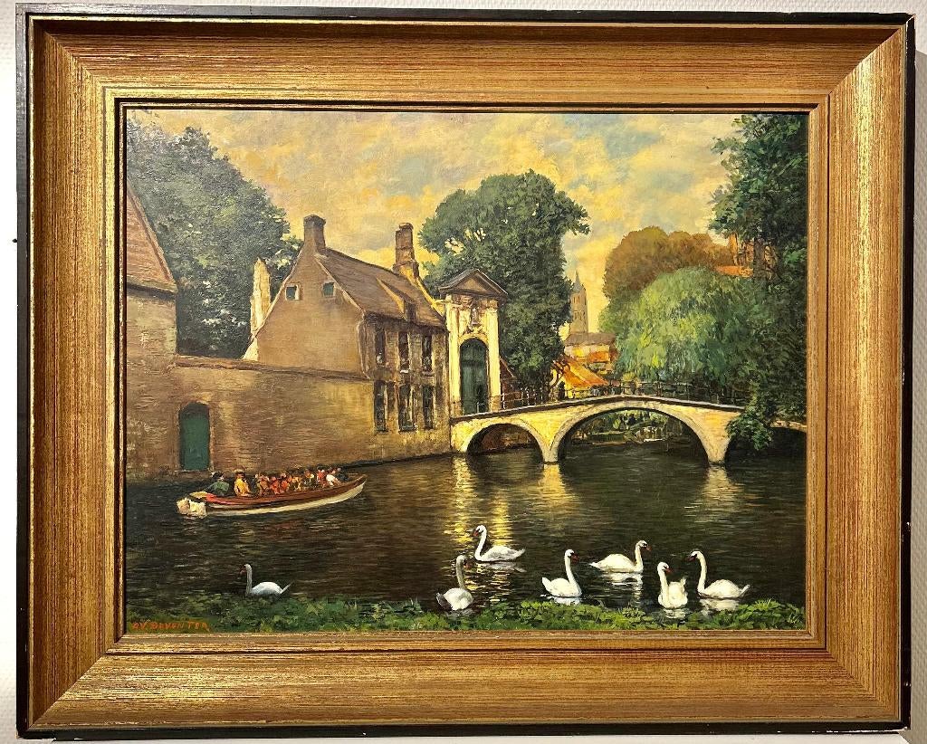 Olieverfschilderij Brugge – zwanen & kanaal – 69,5  65,5 cm, Antiek en Kunst, Ophalen of Verzenden