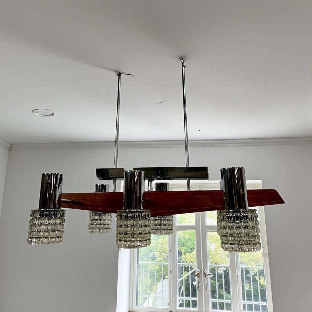 Vintage luster met 6 lichtpunten  : glas & chroom & hout, Antiek en Kunst, Ophalen of Verzenden