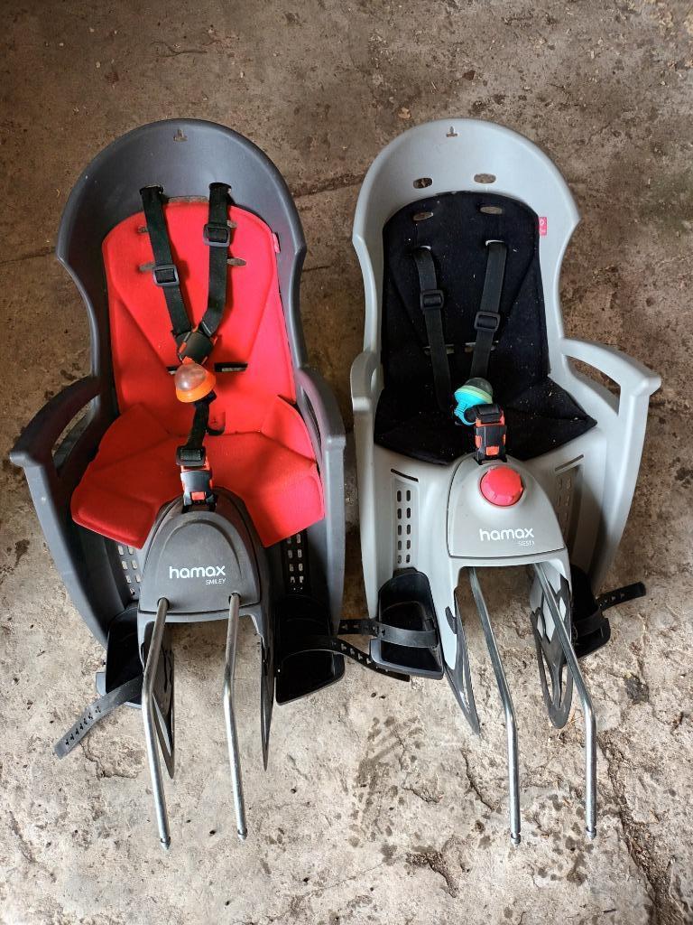 2 sièges vélo Hamax: Smiley + Siesta (inclinaison réglable), Vélos & Vélomoteurs, Repose-pieds, Comme neuf, Enlèvement, Hamax