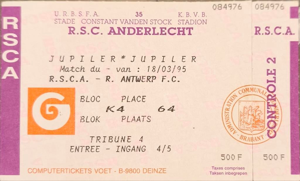 Ticket RSC Anderlecht, Verzamelen, Ophalen of Verzenden