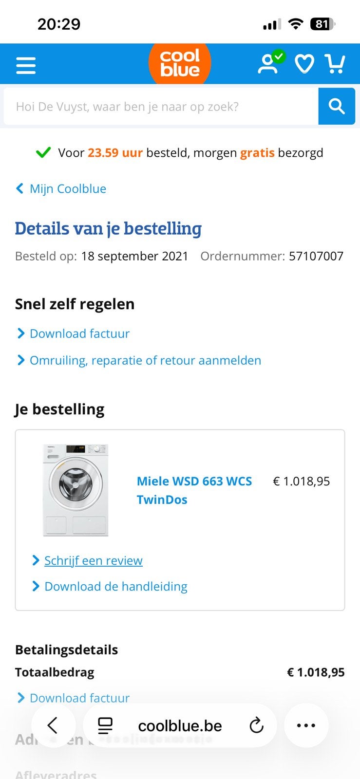 Miele WSD 663 WCS TwinDos – 9 kg – Zeer goede staat, Enlèvement, Comme neuf