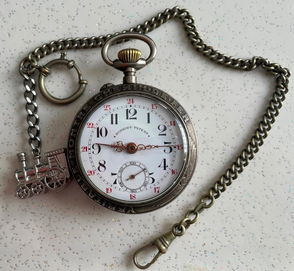 Montre de poche Roskopf chemin de fer avec chaine, Zakhorloge, Staal, 1900 tot 1930, Ophalen of Verzenden