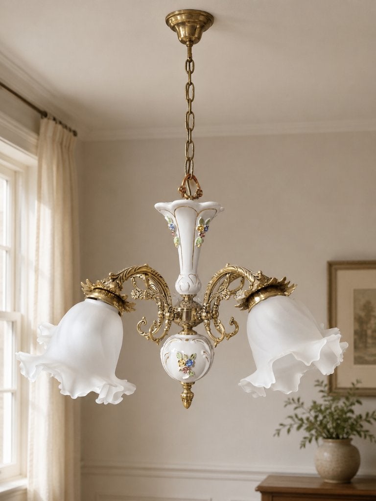 Vintage Spaanse luster Bejorama S.L., porseleinen bloemen, Ophalen, Gebruikt, Overige materialen
