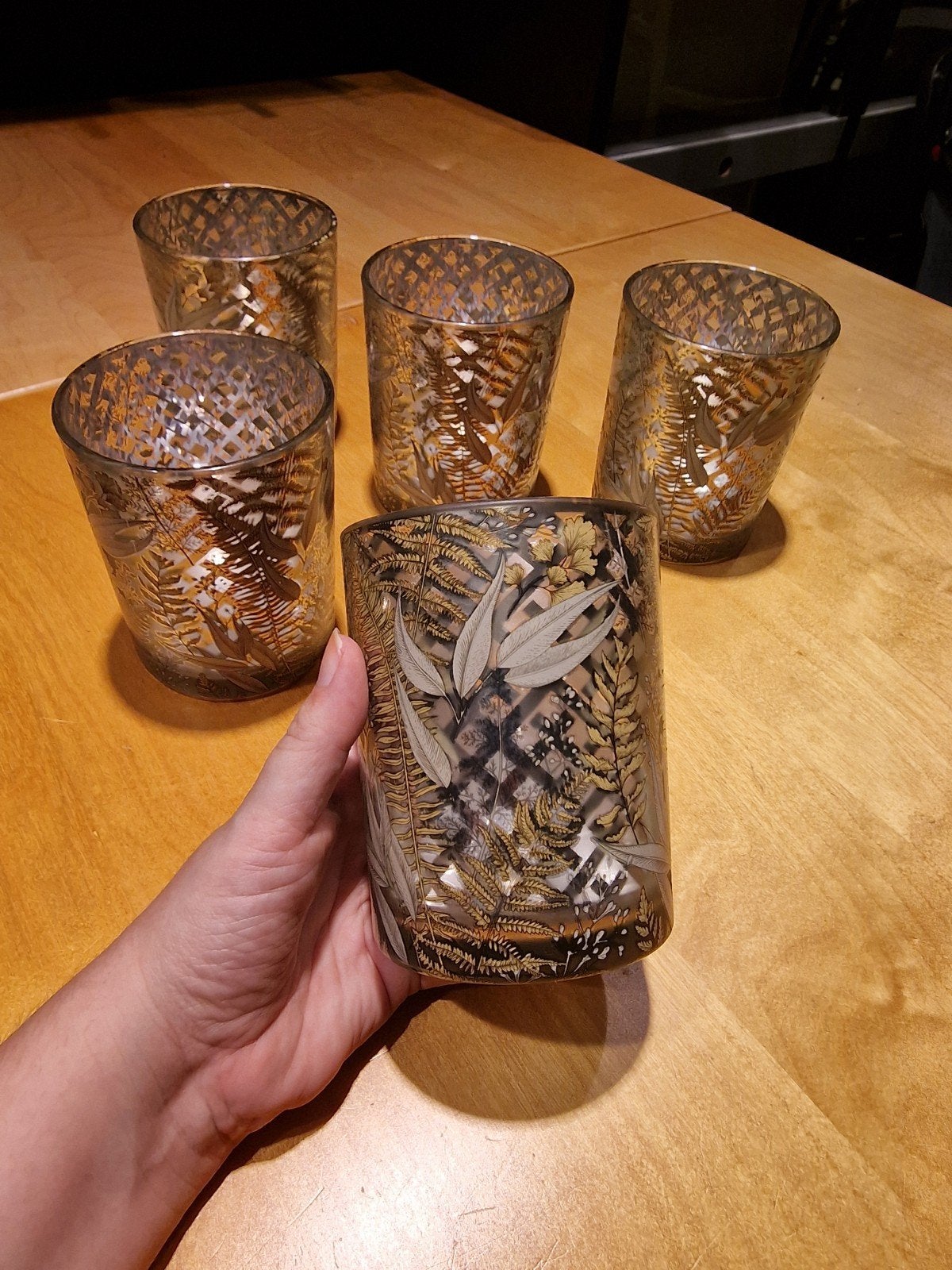 Set van 5 theelichthouders met plantenprint, 10 cm, Meerkleurig, Waxinelichthouder, Ophalen of Verzenden