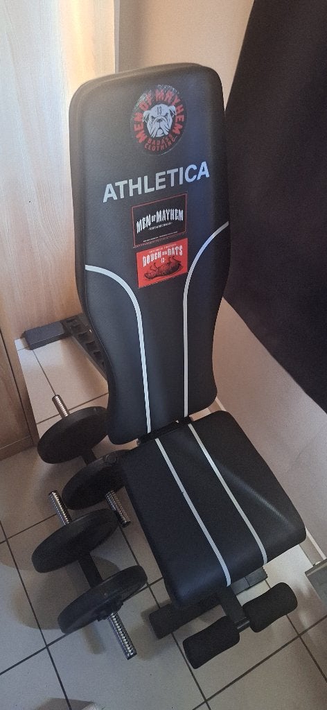 Halterbank en halters 35 kg, Sport en Fitness, Fitnessmaterialen, Ophalen, Gebruikt, Benen, Fitnessbank