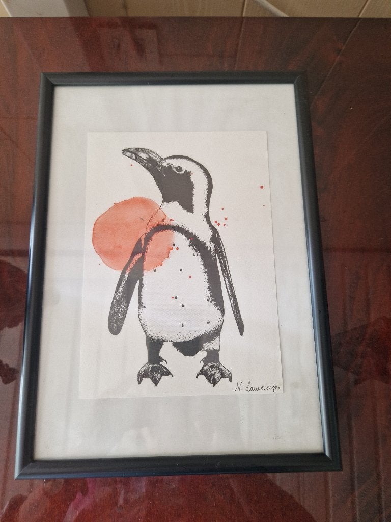 Handgesigneerde kunstdruk – Pinguïn – N. Lauwereyns, Antiek en Kunst, Ophalen, Zwart