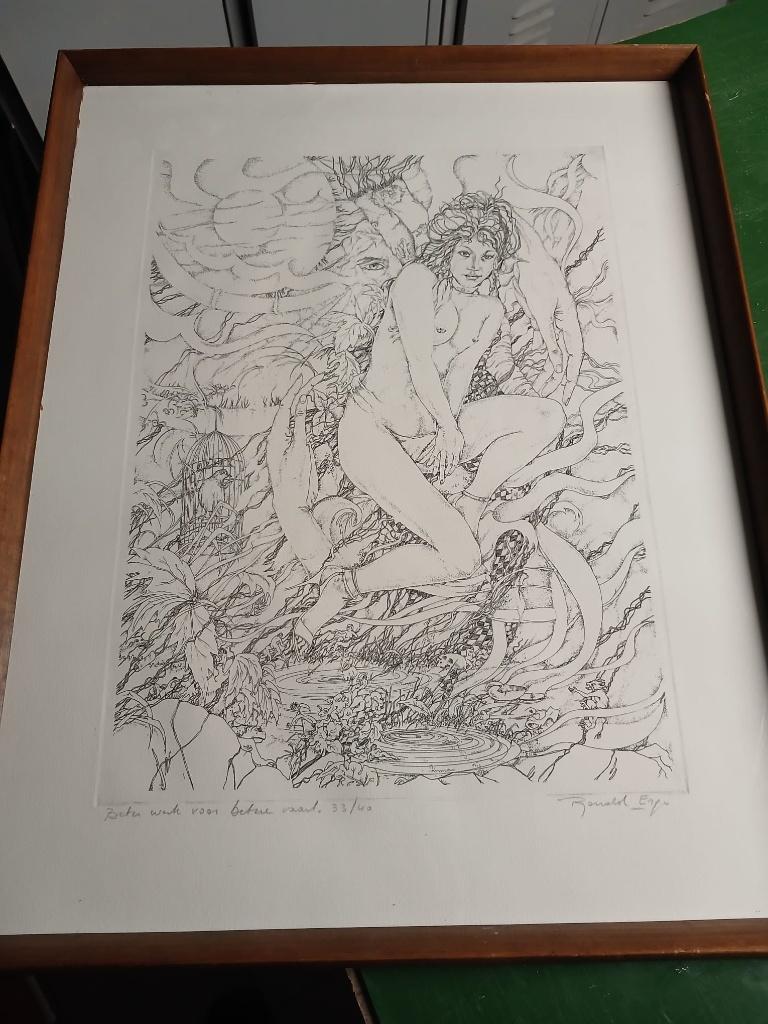 gesigneerde ets Ronald Ergo ( watervliet 1936 ), Antiek en Kunst, Ophalen of Verzenden, Ets, Met tekst