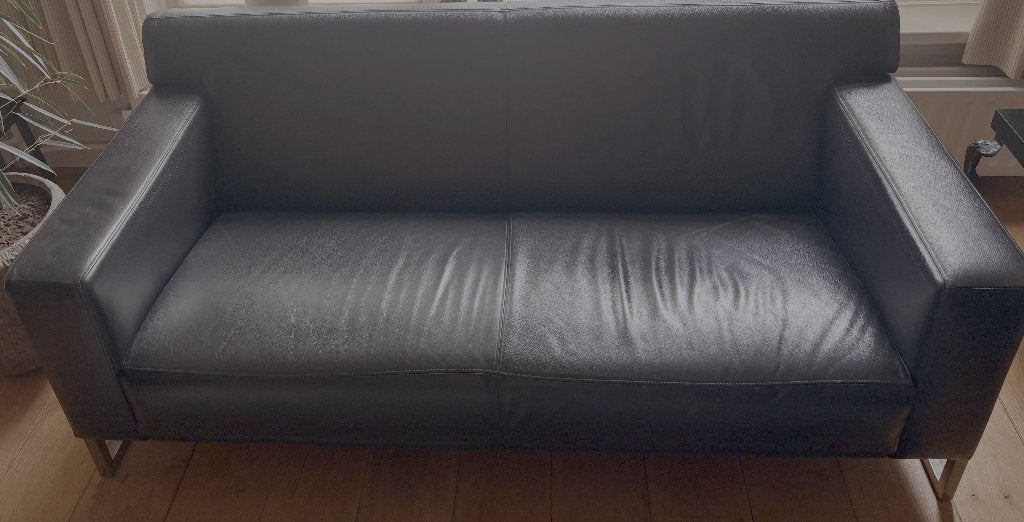 Zwarte leren Montèl bank met geborsteld chromen frame, Ophalen, Gebruikt, Modern Strak, 150 tot 200 cm