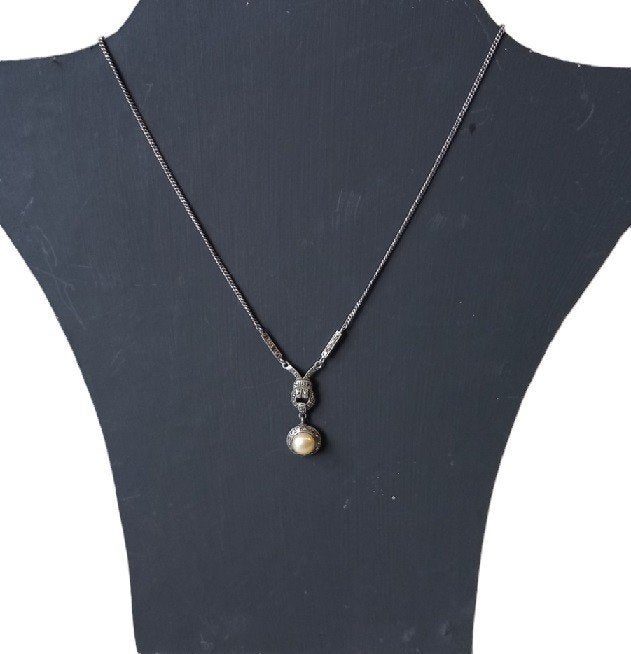 zilveren parelhanger met halsketting., Handtassen en Accessoires, Kettingen, Gebruikt, B, Ophalen of Verzenden, Zilver