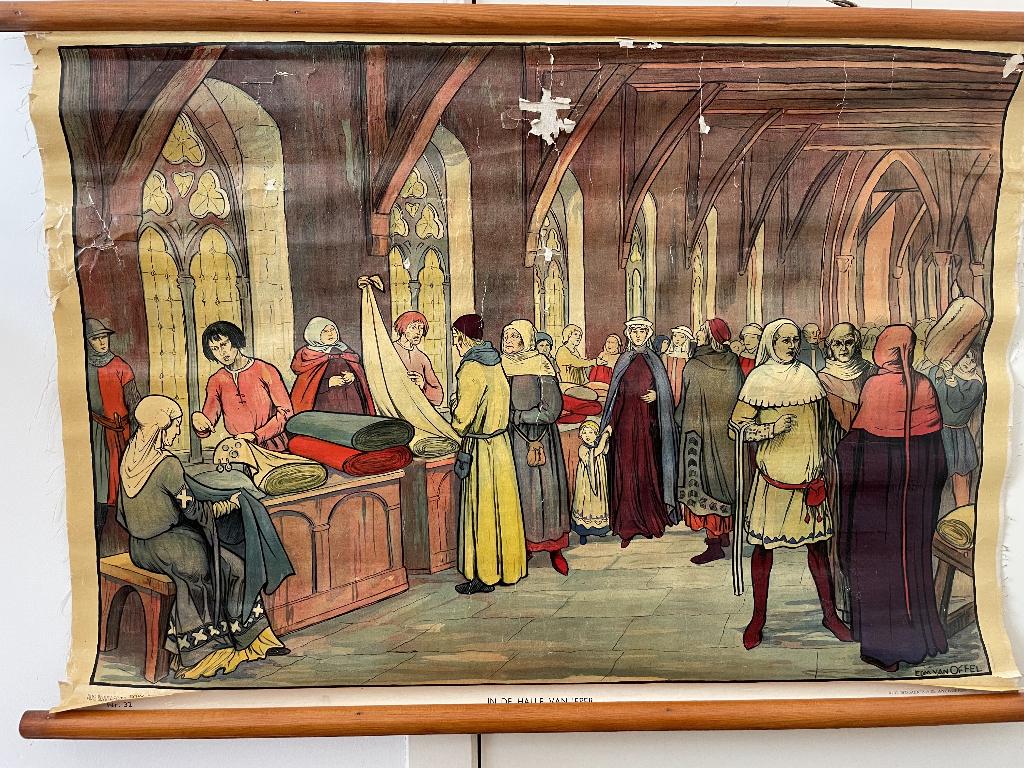 Schoolprent Geschiedenis - in de Halle van Ieper, Ophalen of Verzenden