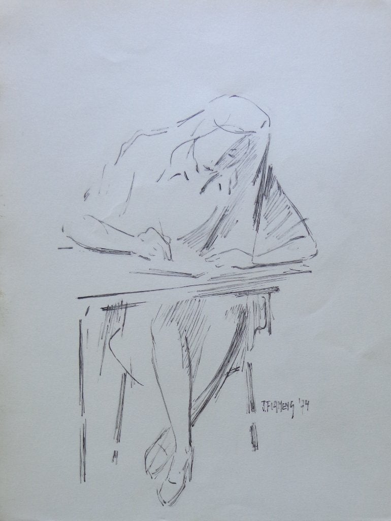 JAN FLAMENG / STUDENTE AAN HET WERK / ORIGINEEL WERK 39x30cm, Enlèvement ou Envoi