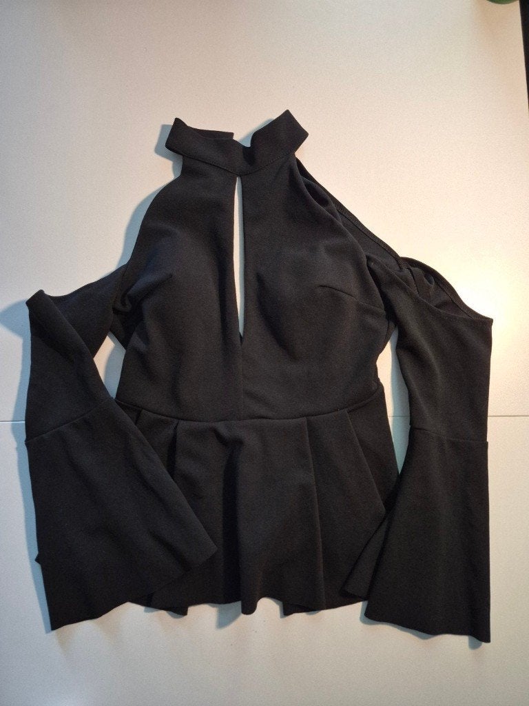 Mel Rose Paris Zwarte Peplum Top met Trompetmouwen M, Kleding | Dames, Zwart, Ophalen of Verzenden, Zo goed als nieuw, Maat 36 (S)