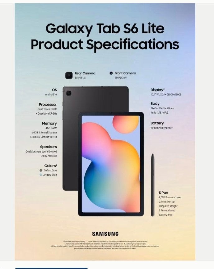 Samsung Galaxy Tab s6 lite 10.4 inch, Informatique & Logiciels, Android Tablettes, Utilisé, Wi-Fi, 10 pouces, 64 GB, GPS, Enlèvement ou Envoi