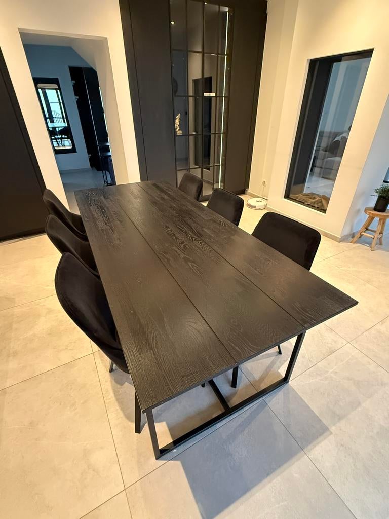 Moderne eettafel – industrieel design, Huis en Inrichting, Tafels | Eettafels, Ophalen, Gebruikt, Eikenhout, 200 cm of meer