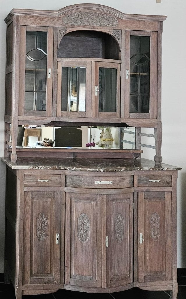Vitrine en chêne avec portes vitrées + plateau en marbre, Maison & Meubles, Armoires | Vitrines, Utilisé, 200 cm ou plus, 100 à 150 cm