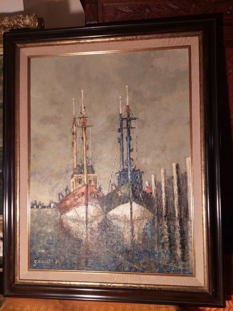 Peinture avec des bateaux de pêche, Peinture à l'huile, Enlèvement, Autres styles, Toile