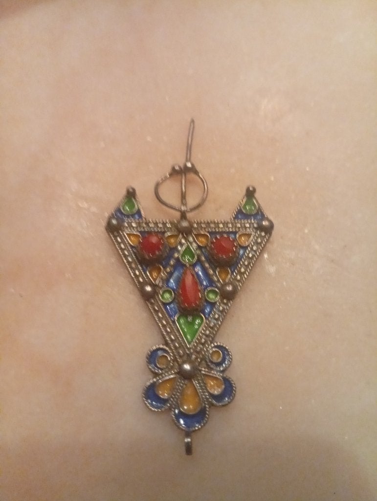 Ancienne fibule Kabyle argent émaux corail, Enlèvement, Argent