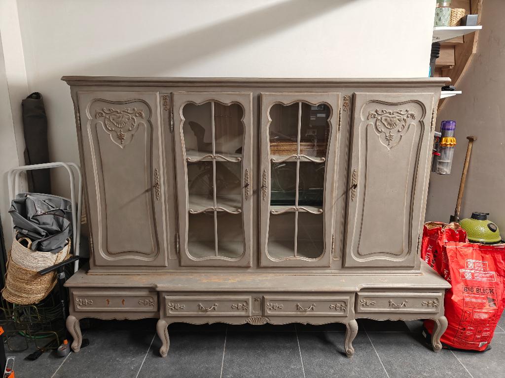 Grote brocante vitrinekast, 200 cm ou plus, Utilisé, Avec tiroir(s), Autres essences de bois