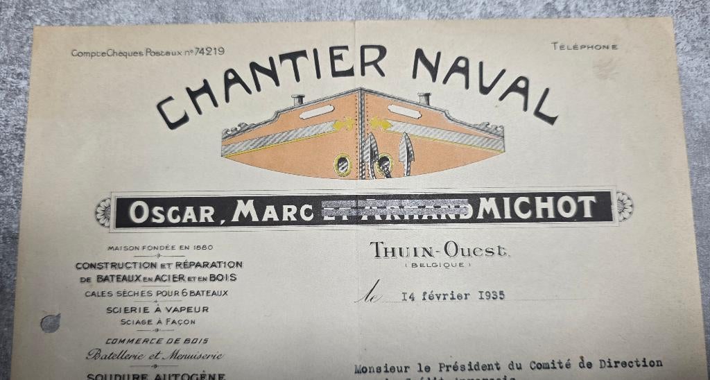 1935+Thuin+Chantier Naval Michot+MICHOT+THUIN+inédit, Collections, Marine, Comme neuf, Carte, Photo ou Gravure, Bateau à moteur ou Voilier