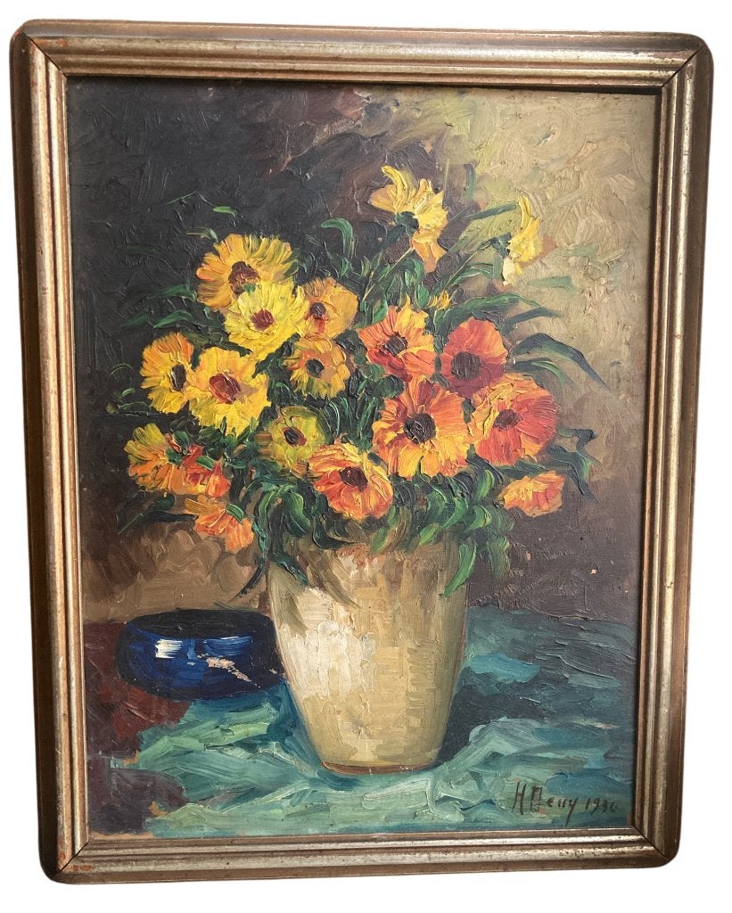 HENRY DENY Tableau Ancien Huile Nature Morte Fleurs 1930, Enlèvement ou Envoi